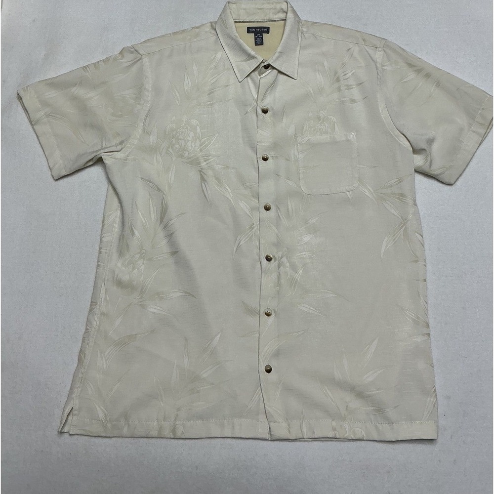 Van Heusen Mens L Hawaiian Shirt Ivory Tropical Jacquard Short Sleeve 50K6382